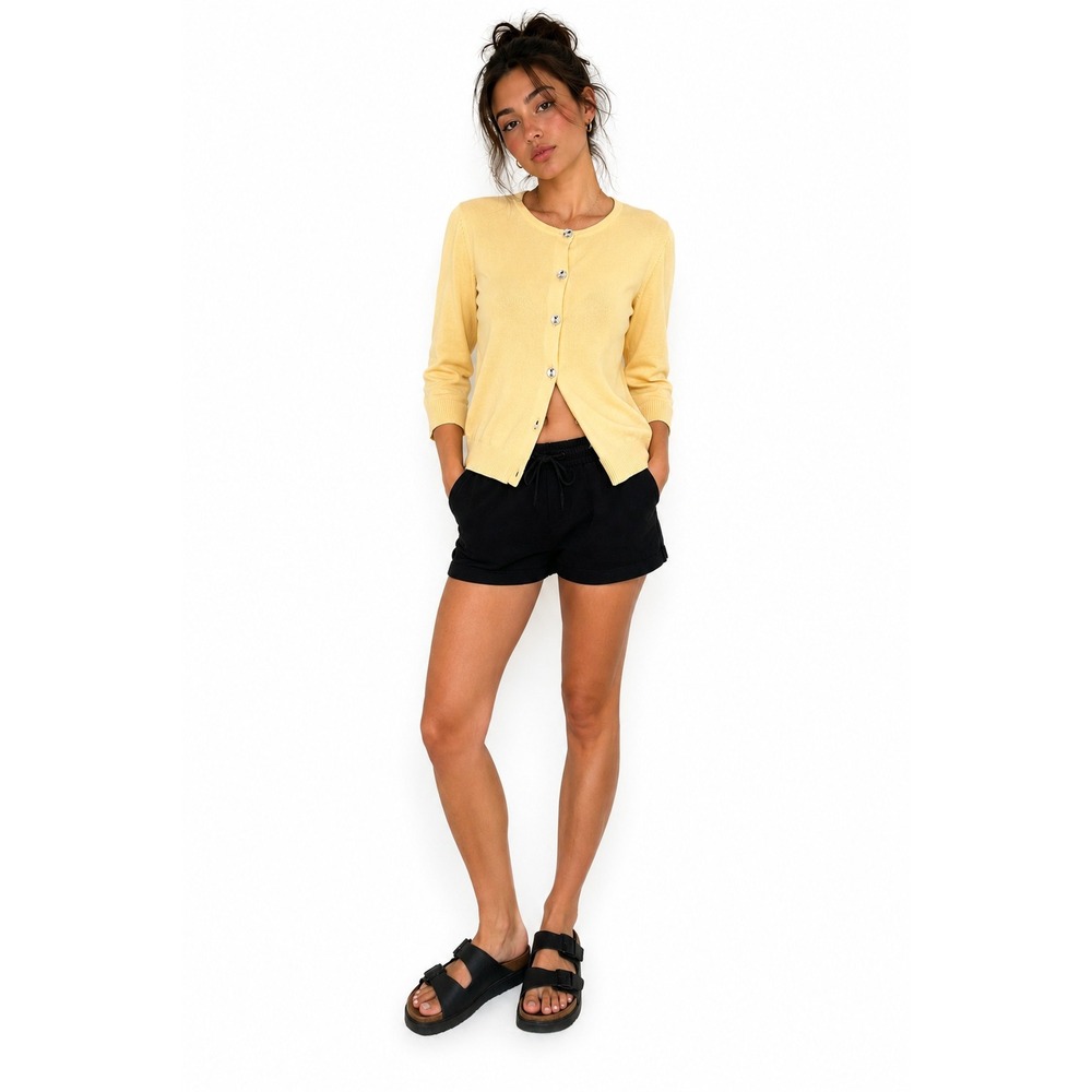 Christopher & Banks Cardigan Women L Yellow Excellent Bee Buttons Cotton 3/4 Slv